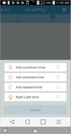 smart plug timer options setup screen - timers amd IFTTT capabilities can switch AC outlet power