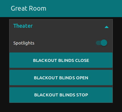 placing 3 UI BUTTON nodes on design area adds virtual buttons to the user interface for blackout blind control