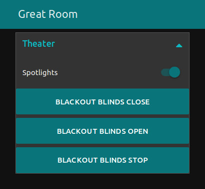 placing 3 UI BUTTON nodes on design area adds virtual buttons to the user interface for blackout blind control placing 3 UI BUTTON nodes on design area adds virtual buttons to the user interface for blackout blind control
