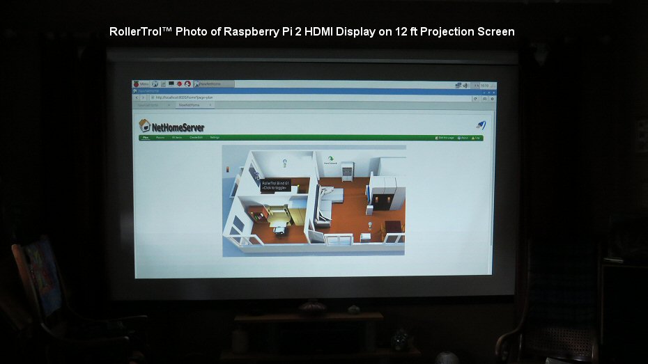 first boot picture of Raspberry Pi as home automation server on 12 ft projector screen