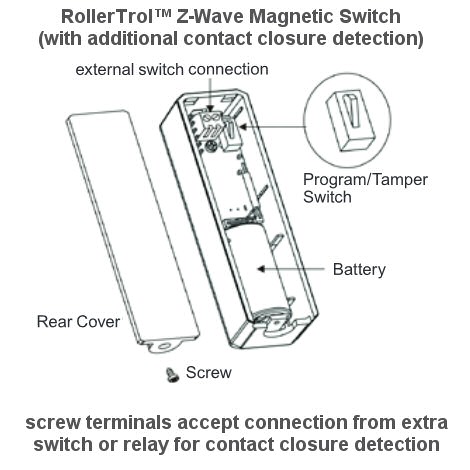 door/window sensor unit with lid off, exposing tamper switch and extra input screw terminals door/window sensor unit with lid off, exposing tamper switch and extra input screw terminals
