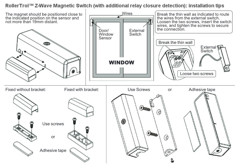 door/window sensor unit with lid off, exposing tamper switch and extra input screw terminals