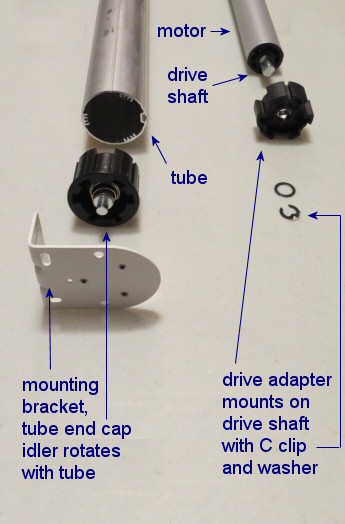 Maxi blind motor drive adapter and tube end cap view Maxi blind motor drive adapter and tube end cap view